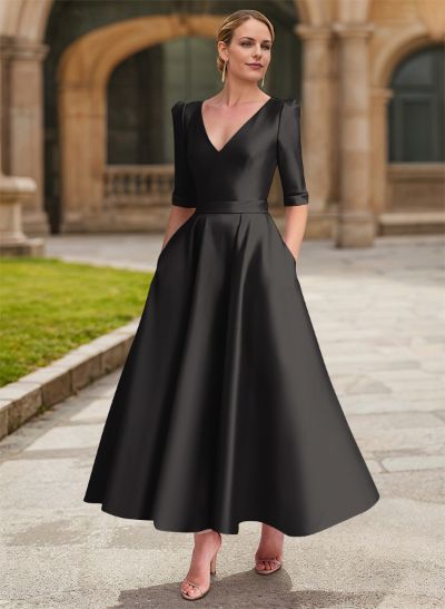 A-Line V-Neck 1/2 Sleeves Ankle-Length Satin Mother Of The Bride Dresses