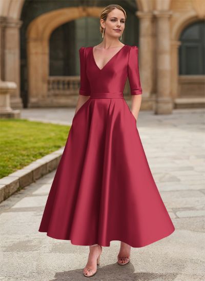 A-Line V-Neck 1/2 Sleeves Ankle-Length Satin Mother Of The Bride Dresses