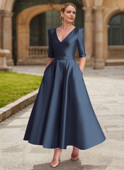 A-Line V-Neck 1/2 Sleeves Ankle-Length Satin Mother Of The Bride Dresses