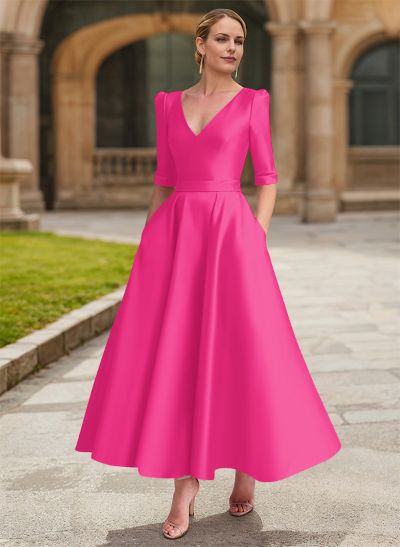 A-Line V-Neck 1/2 Sleeves Ankle-Length Satin Mother Of The Bride Dresses