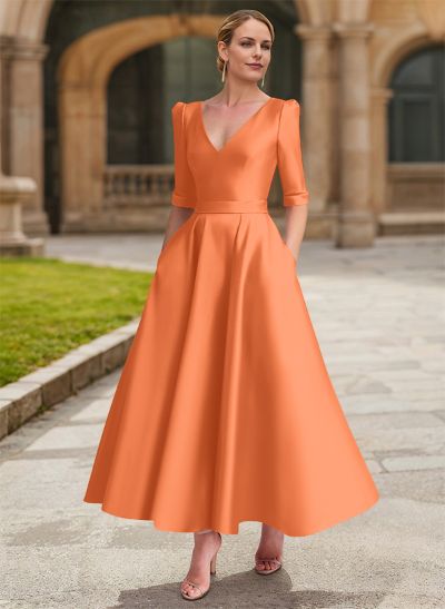 A-Line V-Neck 1/2 Sleeves Ankle-Length Satin Mother Of The Bride Dresses