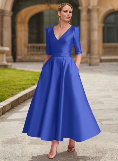 A-Line V-Neck 1/2 Sleeves Ankle-Length Satin Mother Of The Bride Dresses