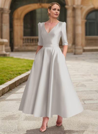 A-Line V-Neck 1/2 Sleeves Ankle-Length Satin Mother Of The Bride Dresses