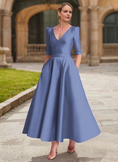 A-Line V-Neck 1/2 Sleeves Ankle-Length Satin Mother Of The Bride Dresses