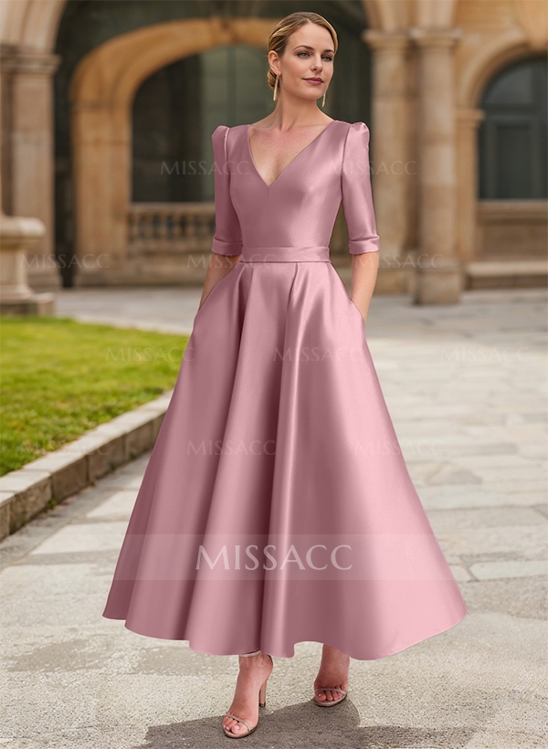 A-Line V-Neck 1/2 Sleeves Ankle-Length Satin Mother Of The Bride Dresses