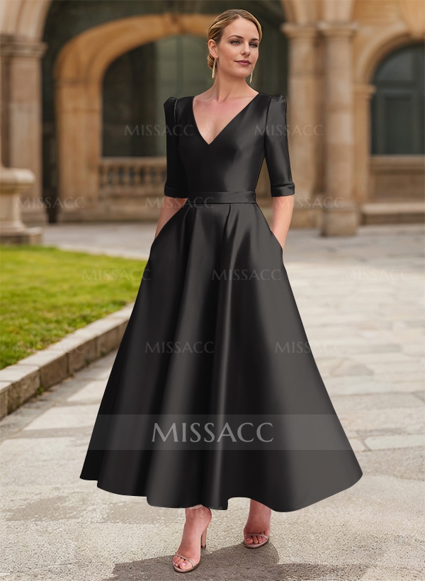 A-Line V-Neck 1/2 Sleeves Ankle-Length Satin Mother Of The