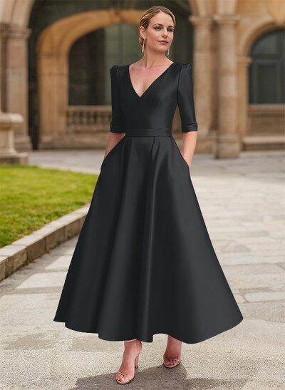 A-Line V-Neck 1/2 Sleeves Ankle-Length Satin Mother Of The Bride Dresses