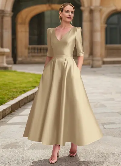 A-Line V-Neck 1/2 Sleeves Ankle-Length Satin Mother Of The Bride