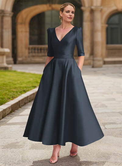 A-Line V-Neck 1/2 Sleeves Ankle-Length Satin Mother Of The Bride Dresses