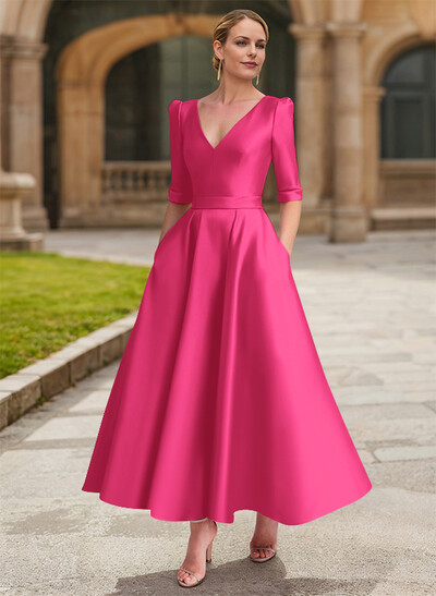 A-Line V-Neck 1/2 Sleeves Ankle-Length Satin Mother Of The Bride Dresses