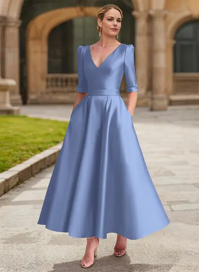 A-Line V-Neck 1/2 Sleeves Ankle-Length Satin Mother Of The Bride