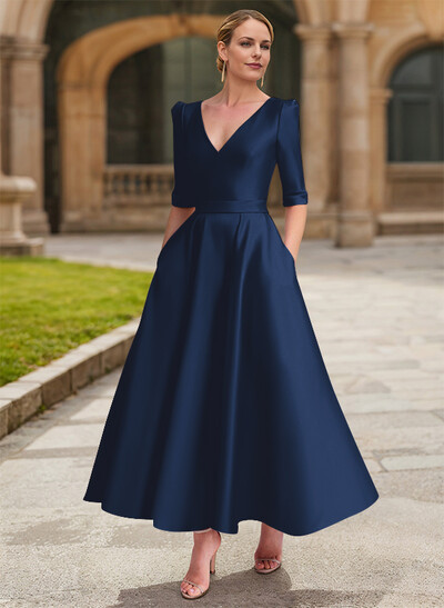 A-Line V-Neck 1/2 Sleeves Ankle-Length Satin Mother Of The Bride Dresses