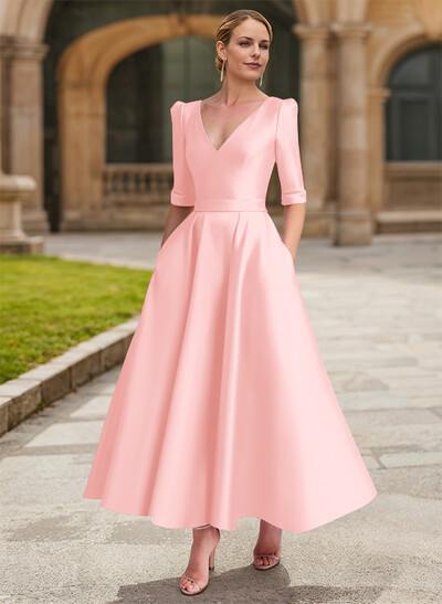 A-Line V-Neck 1/2 Sleeves Ankle-Length Satin Mother Of The Bride Dresses