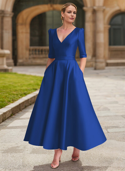 A-Line V-Neck 1/2 Sleeves Ankle-Length Satin Mother Of The Bride Dresses
