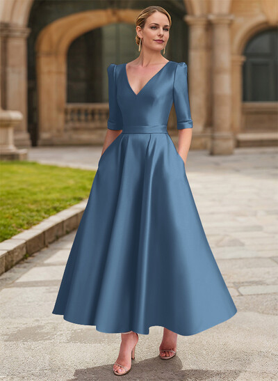 A-Line V-Neck 1/2 Sleeves Ankle-Length Satin Mother Of The Bride Dresses