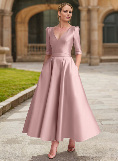 A-Line V-Neck 1/2 Sleeves Ankle-Length Satin Mother Of The Bride Dresses