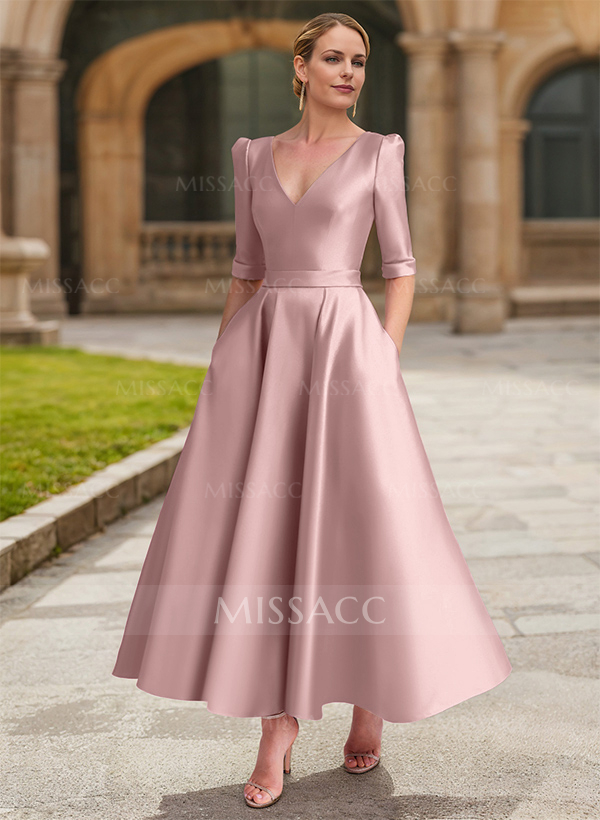 A-Line V-Neck 1/2 Sleeves Ankle-Length Satin Mother Of The Bride Dresses