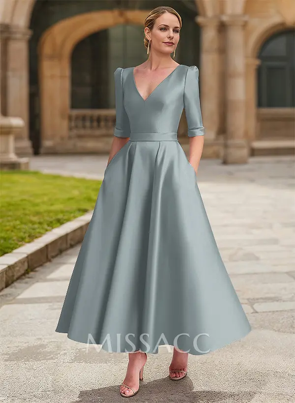 Missacc Sky Blue Mother Of The Bride Dresses A-Line V-Neck 1/2 Sleeves Ankle-Length Satin Mother Of The Bride Dresses Missacc Sky Blue Mother Of The Bride Dresses A-Line V-Neck 1/2 Sleeves Ankle-Length Satin Mother Of The Bride Dresses
