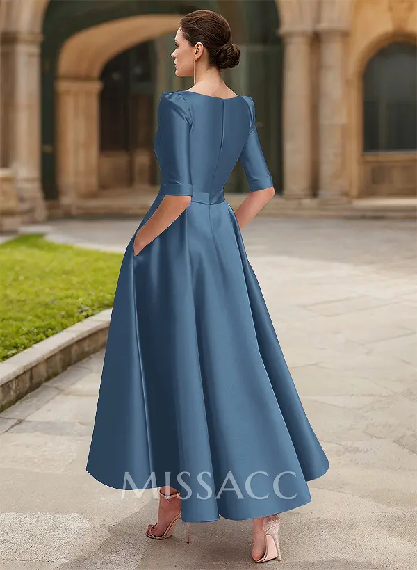A-Line V-Neck 1/2 Sleeves Ankle-Length Satin Mother Of The Bride