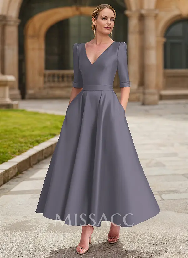 A-Line V-Neck 1/2 Sleeves Ankle-Length Satin Mother Of The Bride