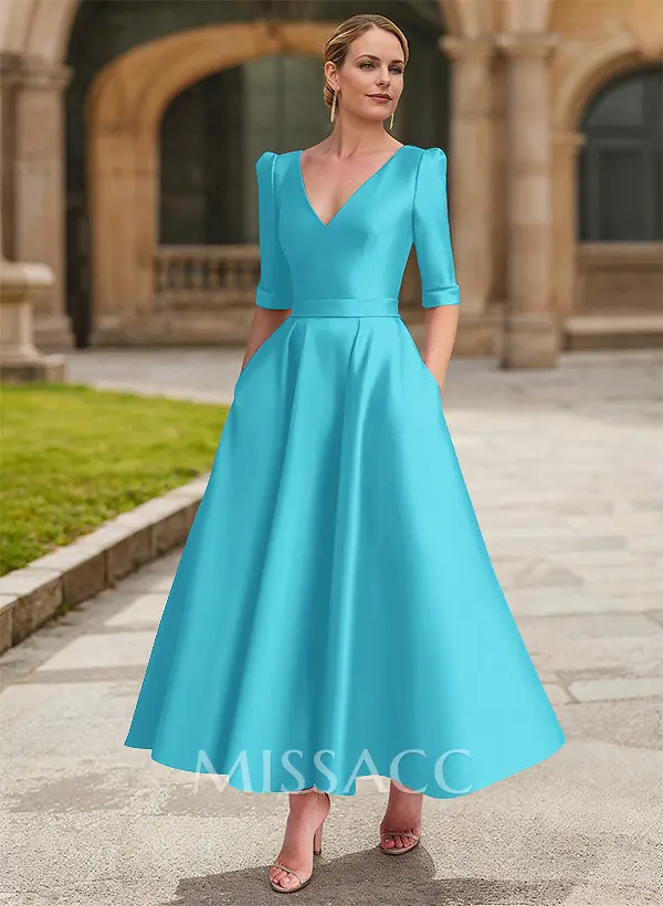 satin v neck tea length a line dress Satin V-Neck Tea Length A-Line Dress
