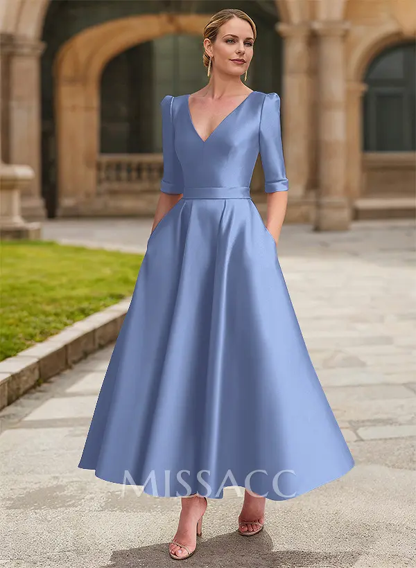 Missacc Sky Blue Mother Of The Bride Dresses A-Line V-Neck 1/2 Sleeves Ankle-Length Satin Mother Of The Bride Dresses Missacc Sky Blue Mother Of The Bride Dresses A-Line V-Neck 1/2 Sleeves Ankle-Length Satin Mother Of The Bride Dresses