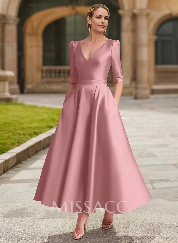 A-Line V-Neck 1/2 Sleeves Ankle-Length Satin Mother Of The Bride