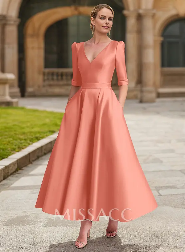 A-Line V-Neck 1/2 Sleeves Ankle-Length Satin Mother Of The Bride