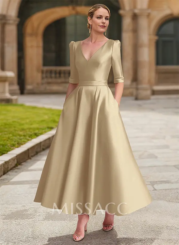 Missacc Beige Mother Of The Bride Dresses A-Line V-Neck 1/2 Sleeves Ankle-Length Satin Mother Of The Bride Dresses Missacc Beige Mother Of The Bride Dresses A-Line V-Neck 1/2 Sleeves Ankle-Length Satin Mother Of The Bride Dresses