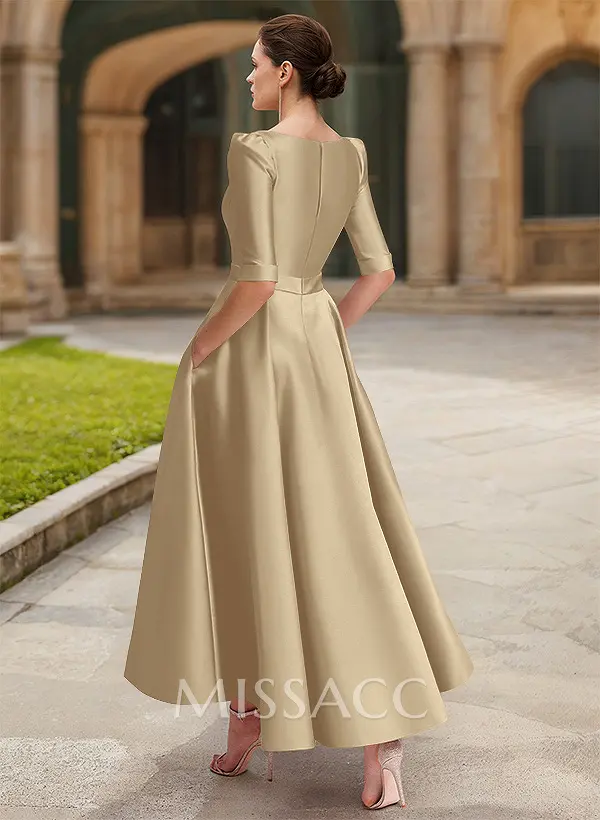 A-Line V-Neck 1/2 Sleeves Ankle-Length Satin Mother Of The Bride