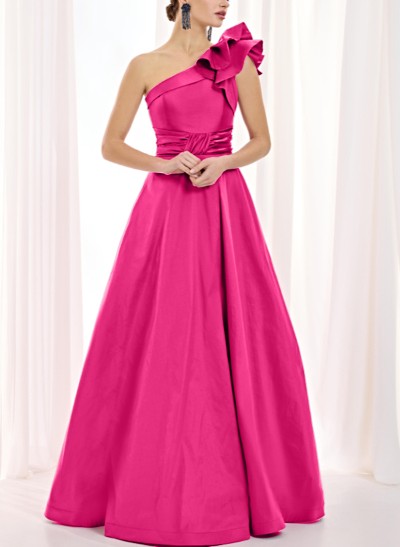 A-Line One-Shoulder Sleeveless Satin Bridesmaid Dresses With Cascading Ruffles