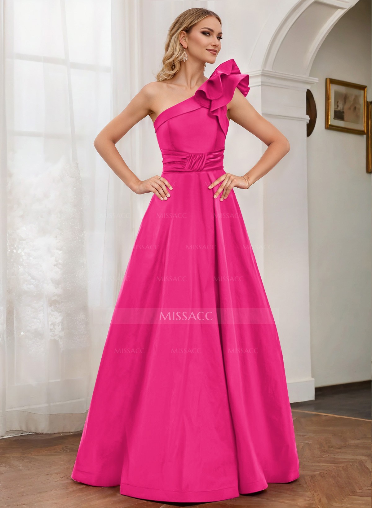 A-Line One-Shoulder Satin Mother Of The Bride Dresses With Cascading Ruffles