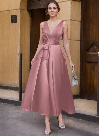 A-Line V-Neck Sleeveless Ankle-Length Satin Mother Of The Bride Dresses