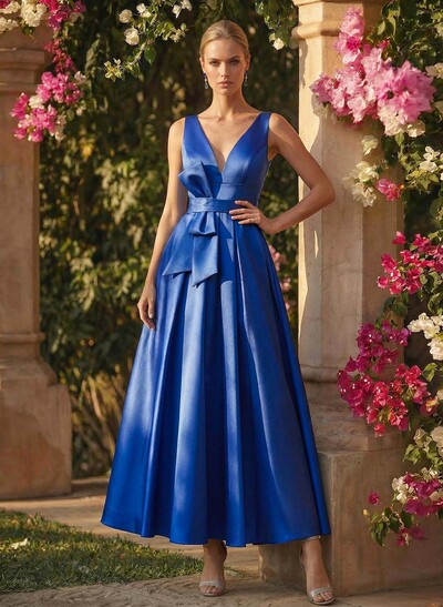 A-Line V-Neck Sleeveless Ankle-Length Satin Mother Of The Bride Dresses