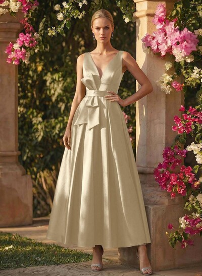 A-Line V-Neck Sleeveless Ankle-Length Satin Mother Of The Bride Dresses