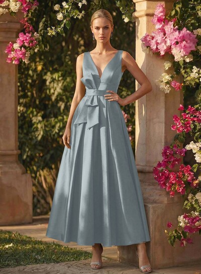 A-Line V-Neck Sleeveless Ankle-Length Satin Mother Of The Bride Dresses