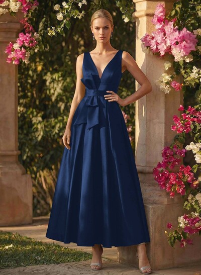 A-Line V-Neck Sleeveless Ankle-Length Satin Mother Of The Bride Dresses