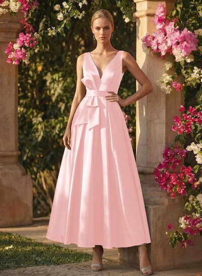 A-Line V-Neck Sleeveless Ankle-Length Satin Mother Of The Bride Dresses