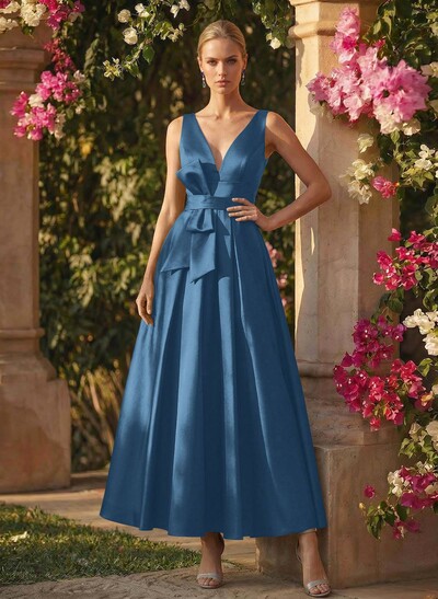 A-Line V-Neck Sleeveless Ankle-Length Satin Mother Of The Bride Dresses