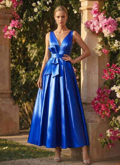 A-Line V-Neck Sleeveless Ankle-Length Satin Mother Of The Bride Dresses