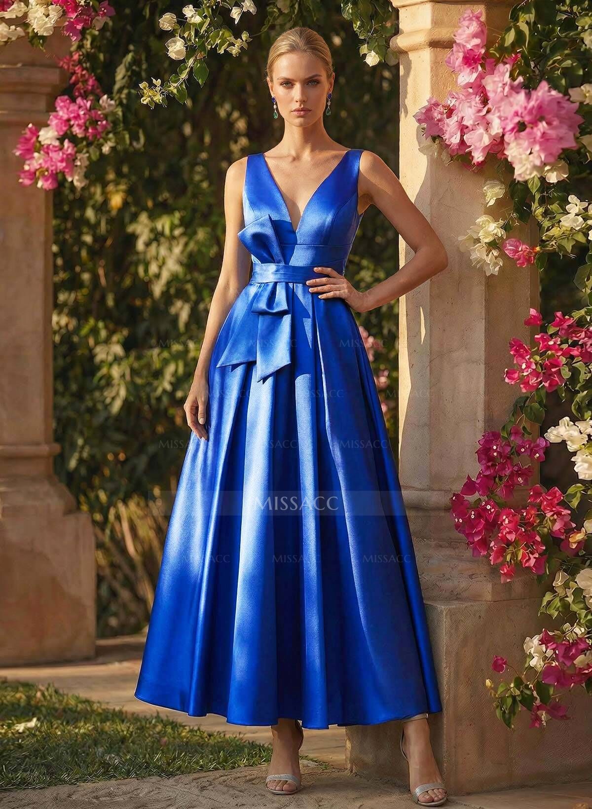 A-Line V-Neck Sleeveless Ankle-Length Satin Mother Of The Bride Dresses