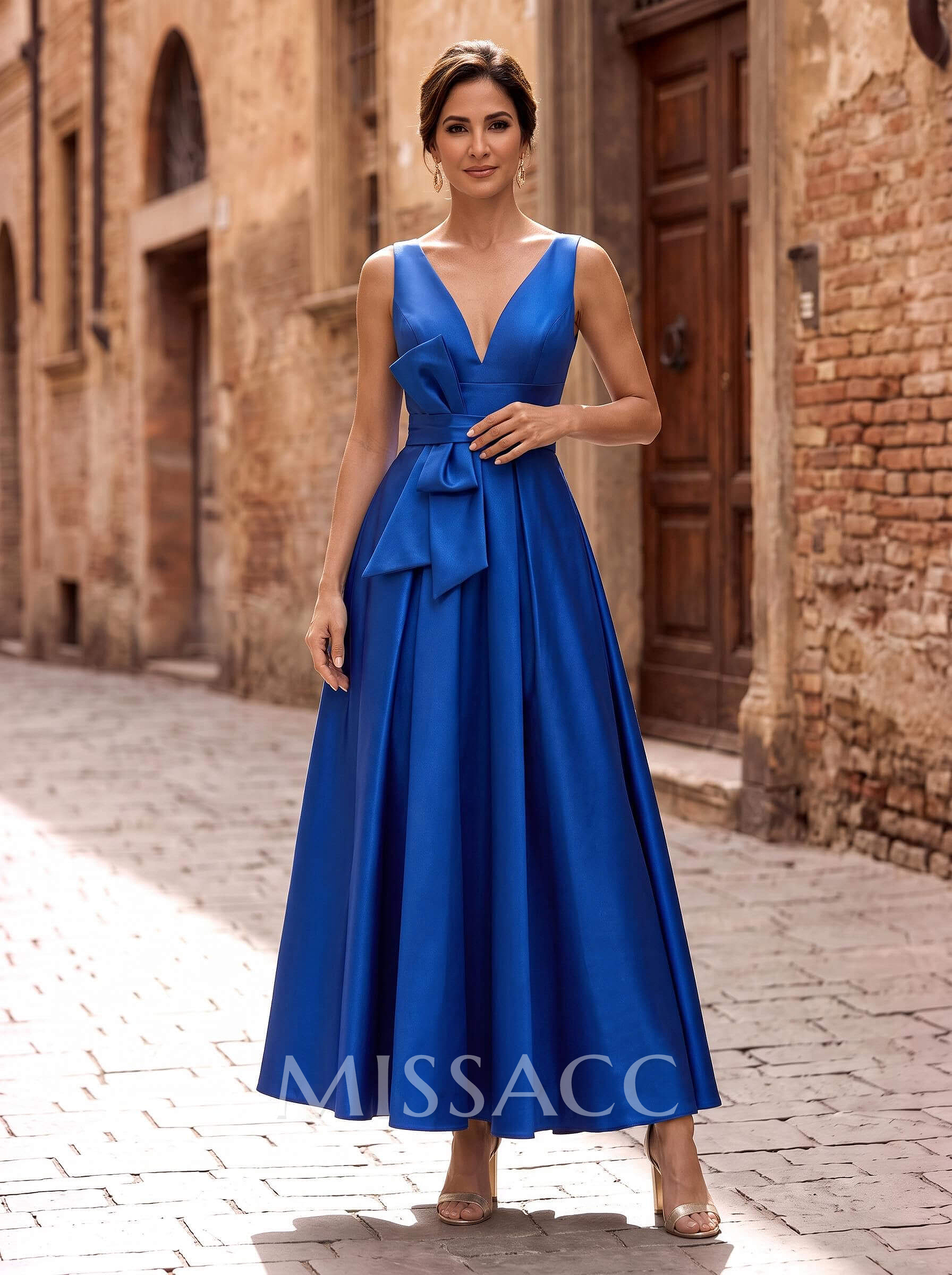 A-Line V-Neck Sleeveless Ankle-Length Satin Mother Of The Bride Dresses