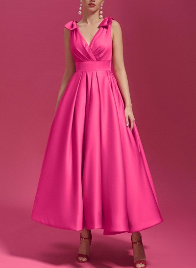 A-Line V-Neck Sleeveless Ankle-Length Satin Bridesmaid Dresses With Bow(s)
