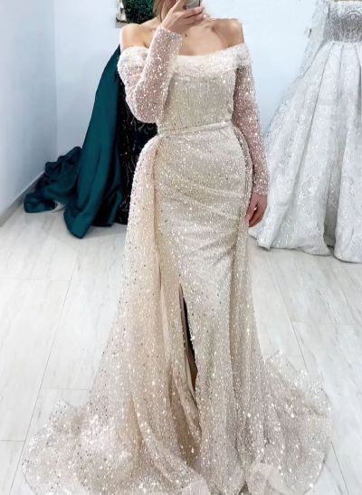 Sequined Long Sleeves Off-The-Shoulder Prom Dresses