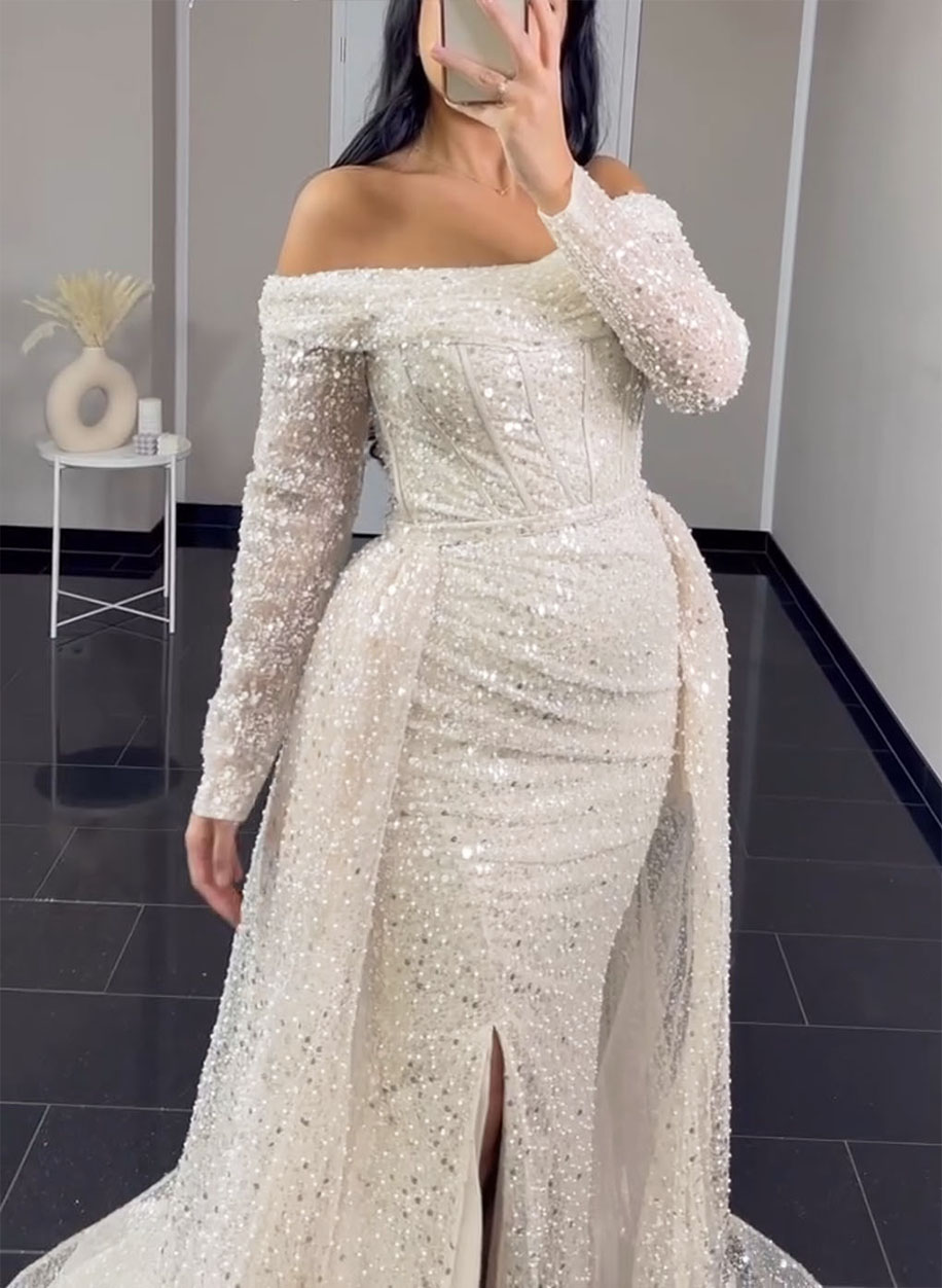 Sequined Long Sleeves Off-The-Shoulder Prom Dresses