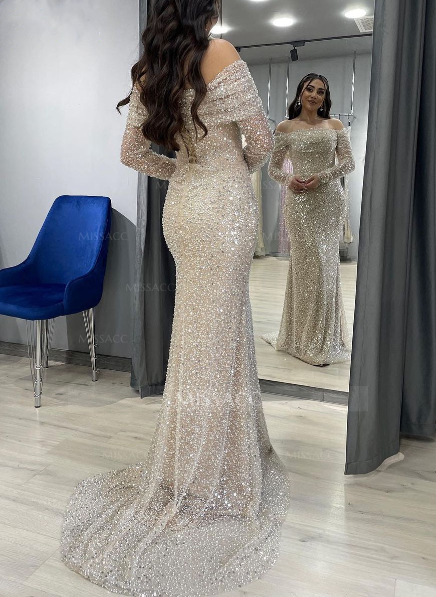 Off-The-Shoulder Long Sleeves Sequined Prom Dresses
