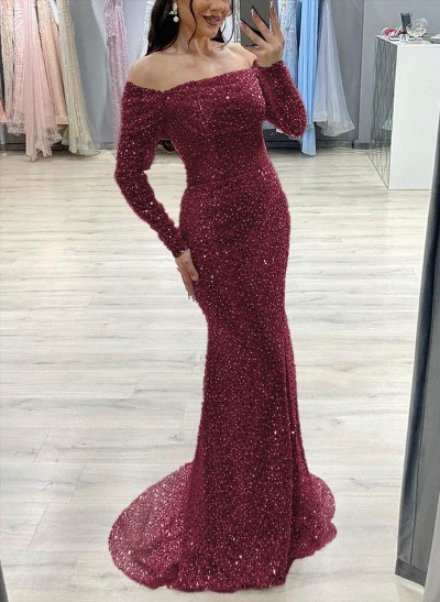 Off-The-Shoulder Long Sleeves Sequined Prom Dresses