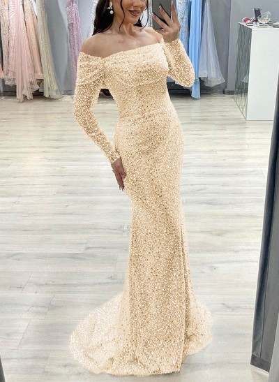 Off-The-Shoulder Long Sleeves Sequined Prom Dresses