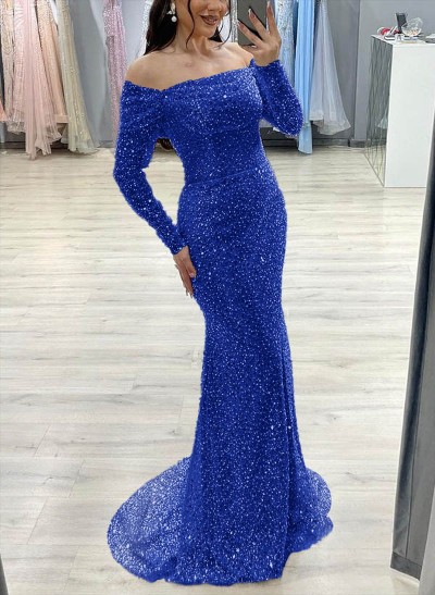 Off-The-Shoulder Long Sleeves Sequined Prom Dresses