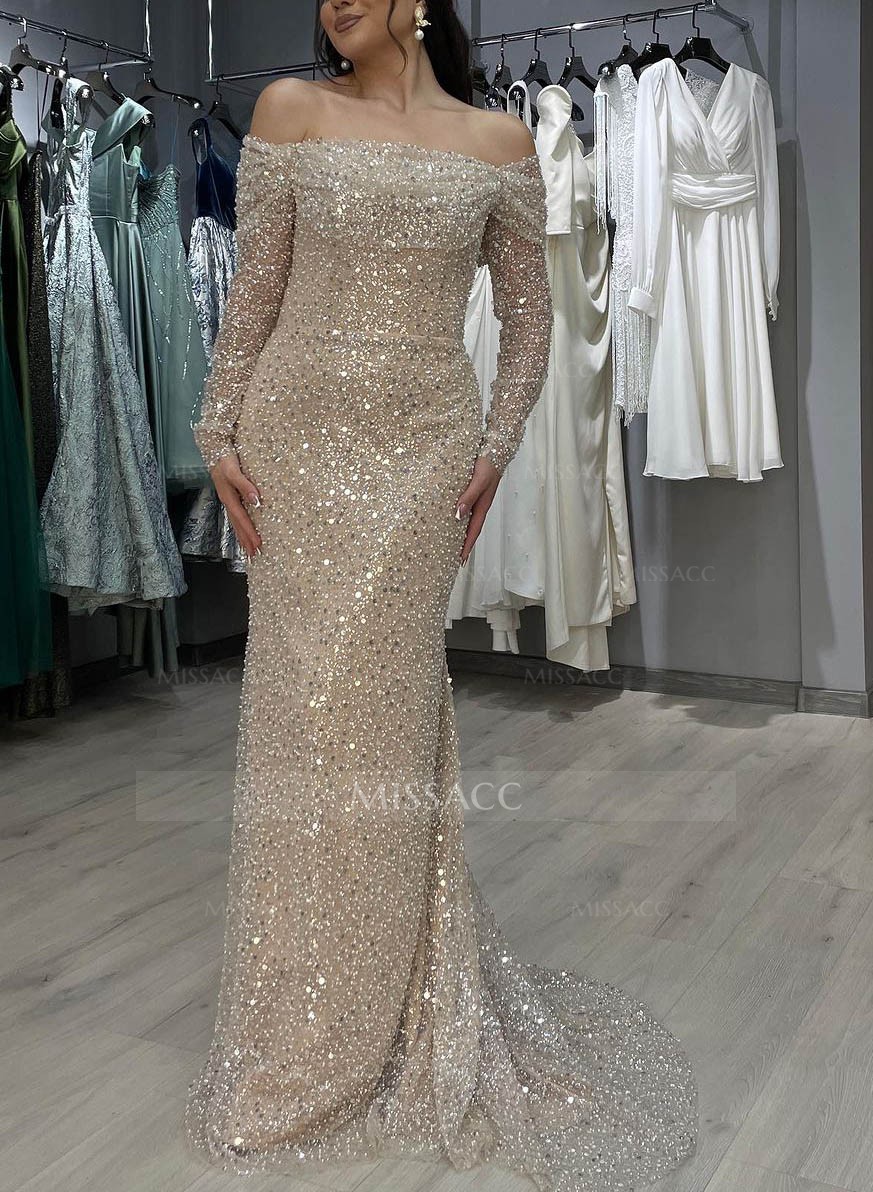 Off-The-Shoulder Long Sleeves Sequined Prom Dresses